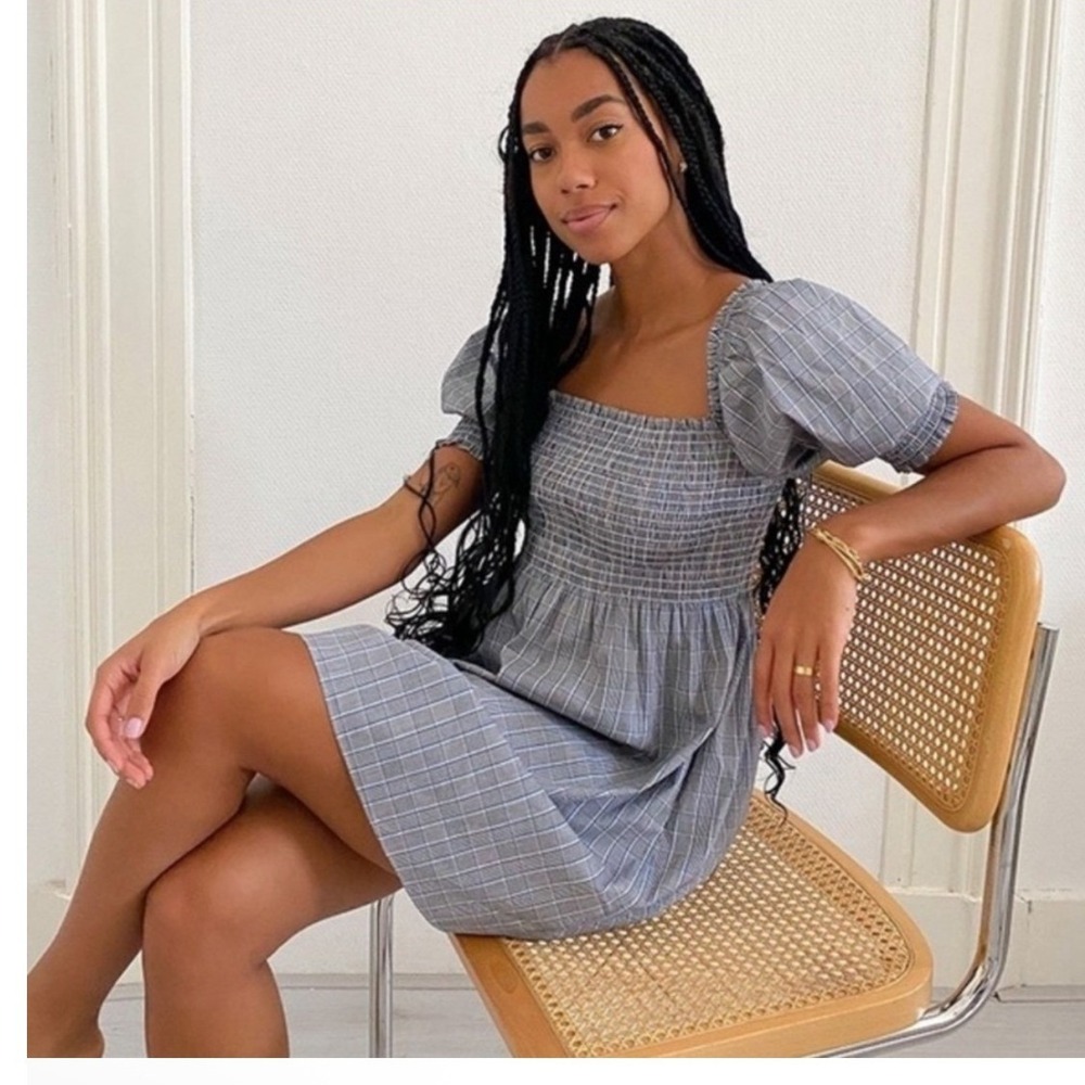 Hill House Home The‎ Athena Nap Dress Blue Grey Plaid Smocked Mini Dress XS